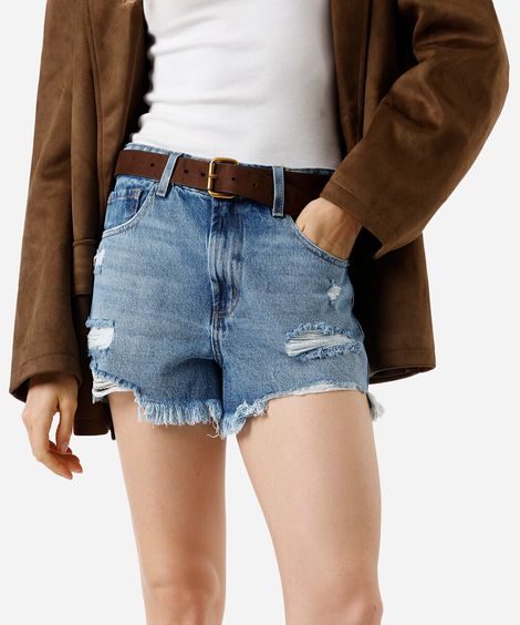 short feminino jeans cintura média destroyed  azul
