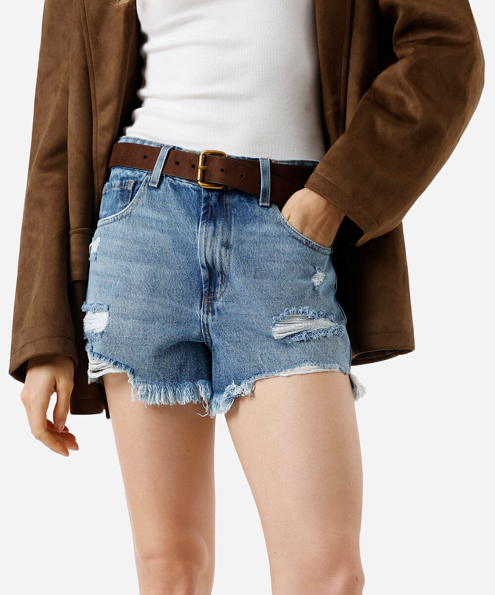 short feminino jeans cintura média destroyed  azul
