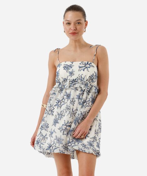 vestido curto balonê com lurex e babado floral bege