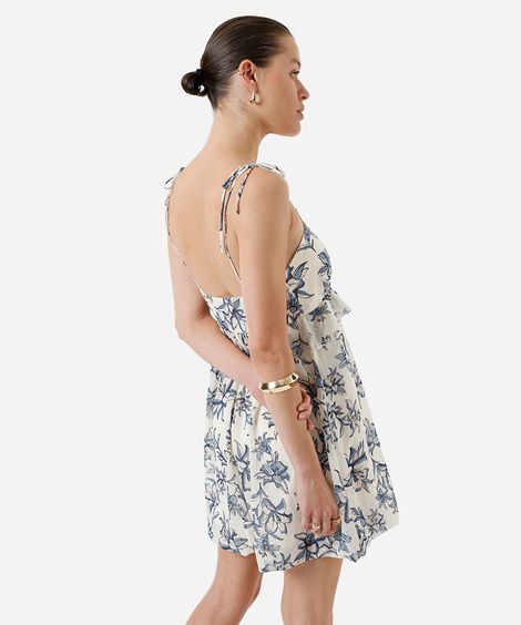 vestido curto balonê com lurex e babado floral bege