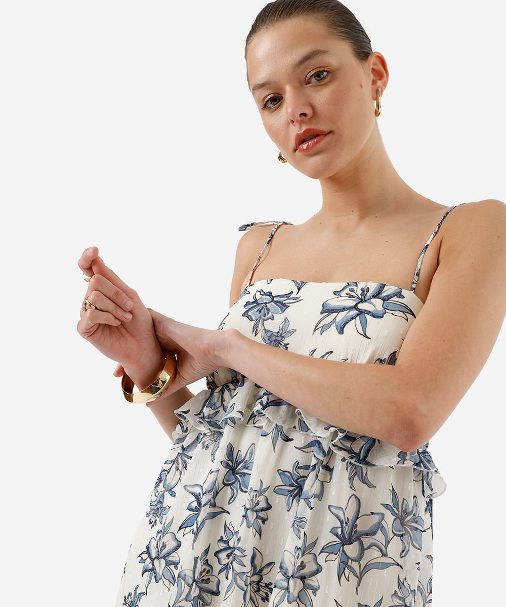 vestido curto balonê com lurex e babado floral bege