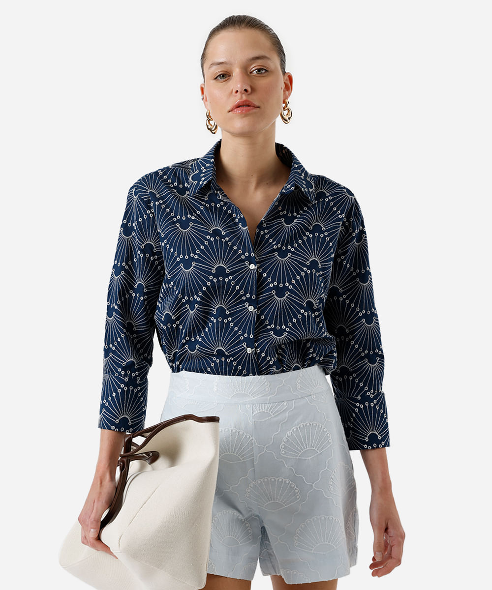 camisa feminina de laise bordada azul