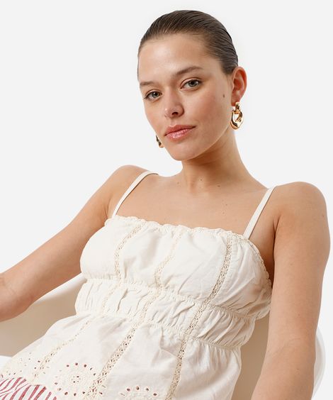 blusa alça fina feminina de algodão com renda e bordado franzida  bege