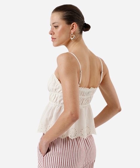 blusa alça fina feminina de algodão com renda e bordado franzida  bege