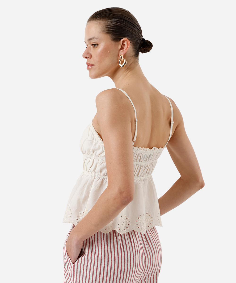 blusa alça fina feminina de algodão com renda e bordado franzida  bege
