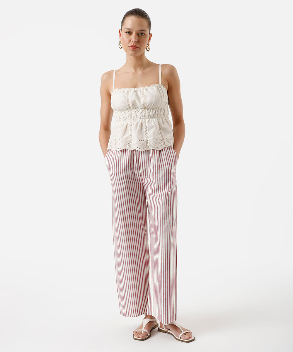 blusa alça fina feminina de algodão com renda e bordado franzida  bege