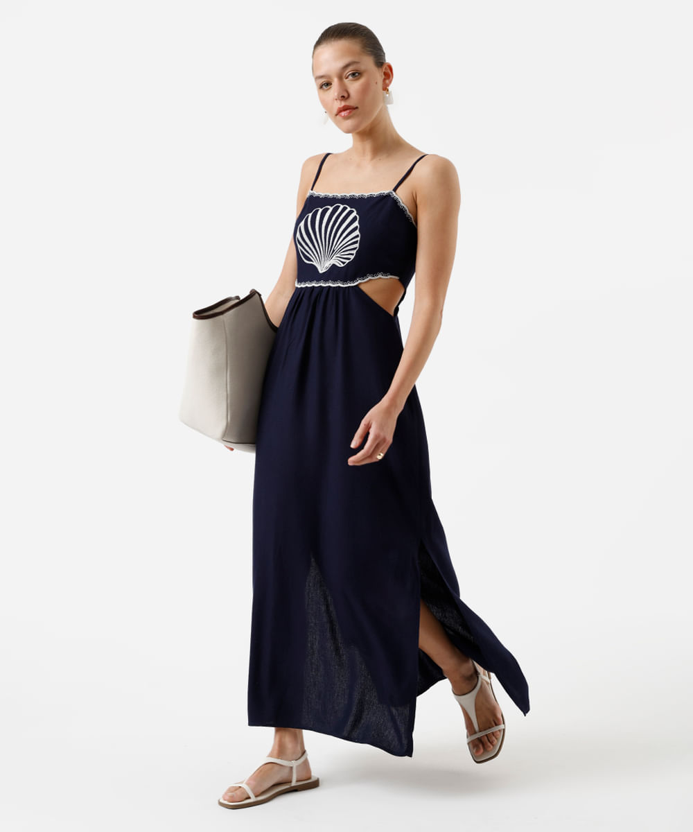vestido longo alça fina feminino com linho e recorte bordado azul