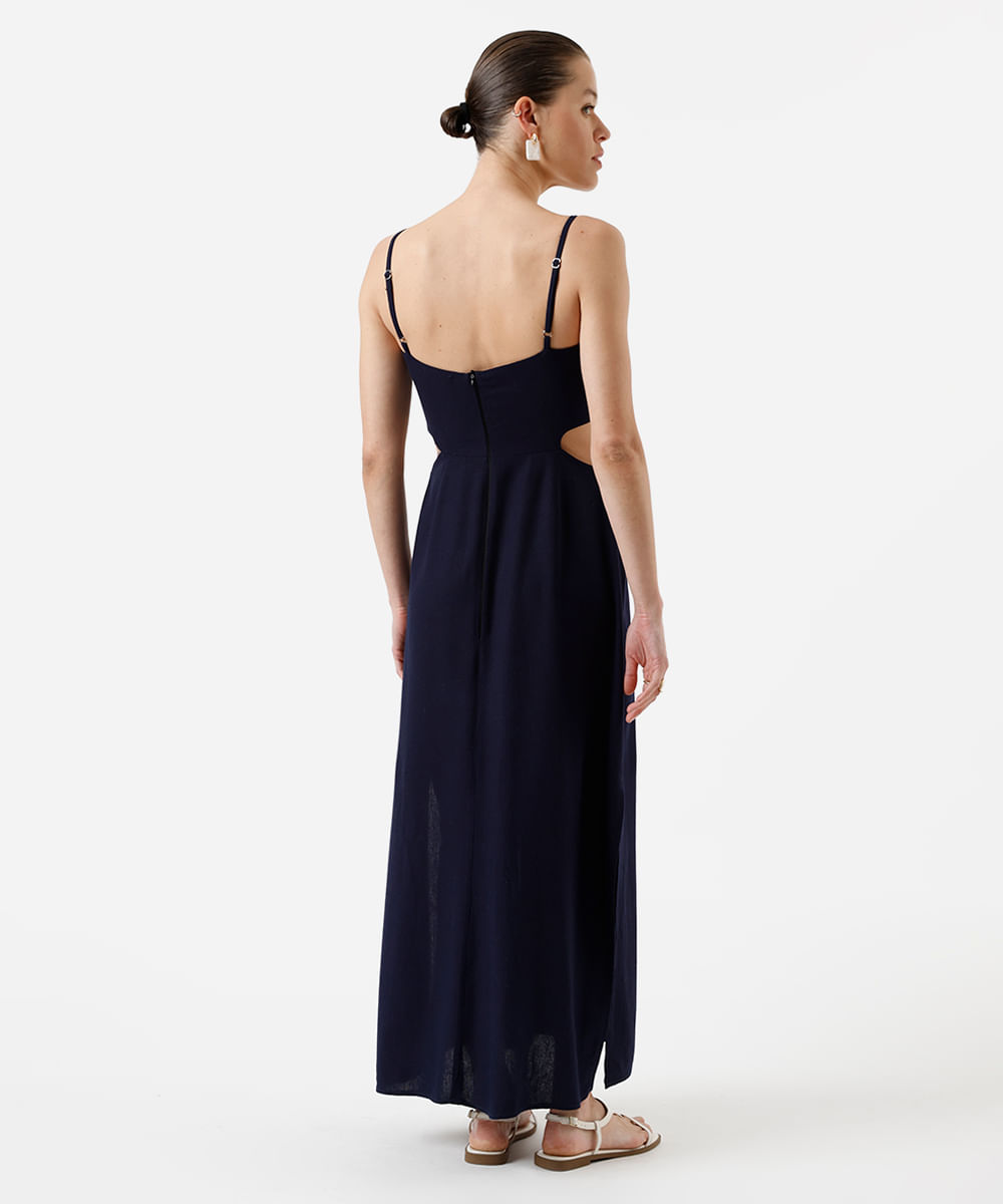 vestido longo alça fina feminino com linho e recorte bordado azul