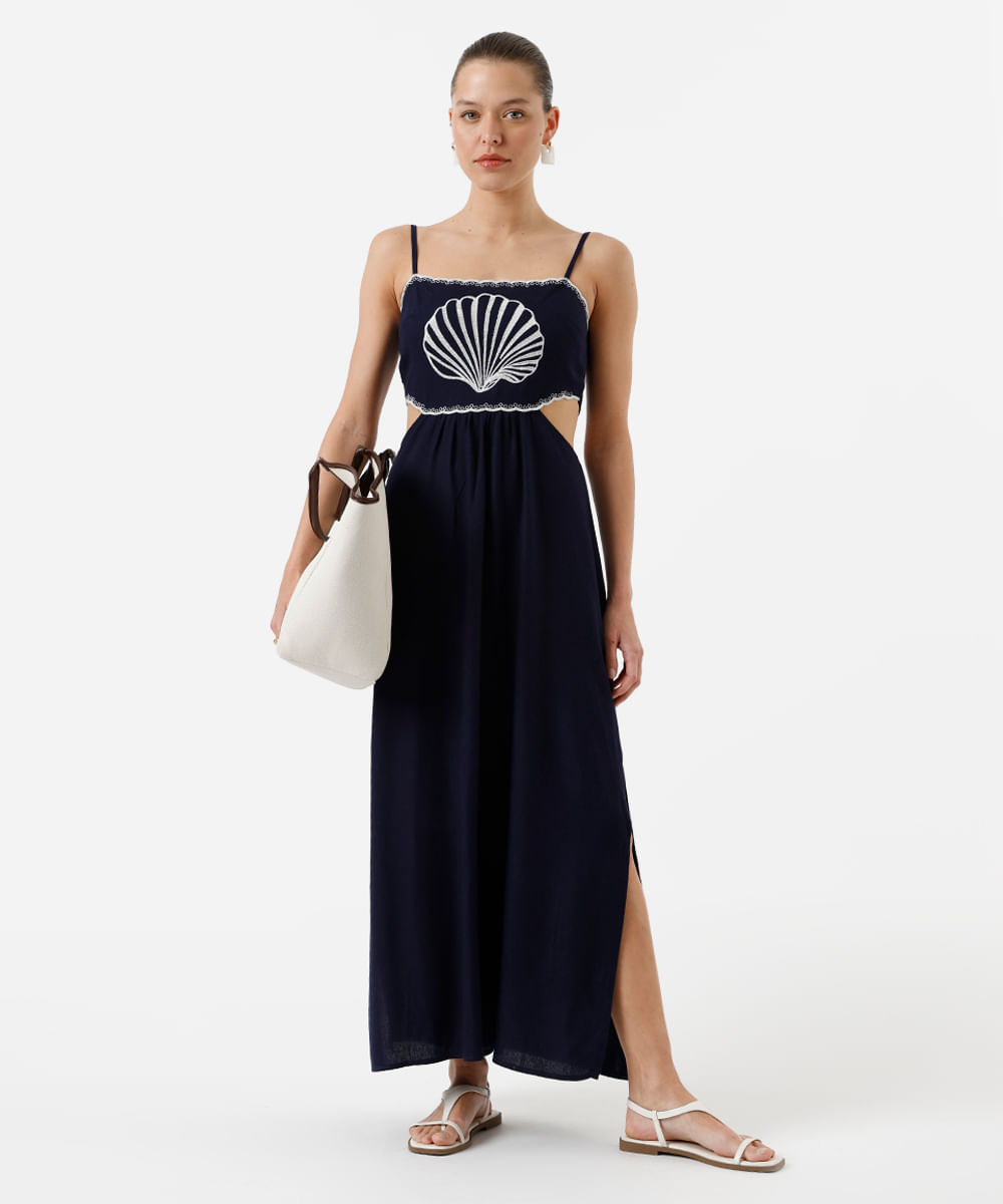 vestido longo alça fina feminino com linho e recorte bordado azul