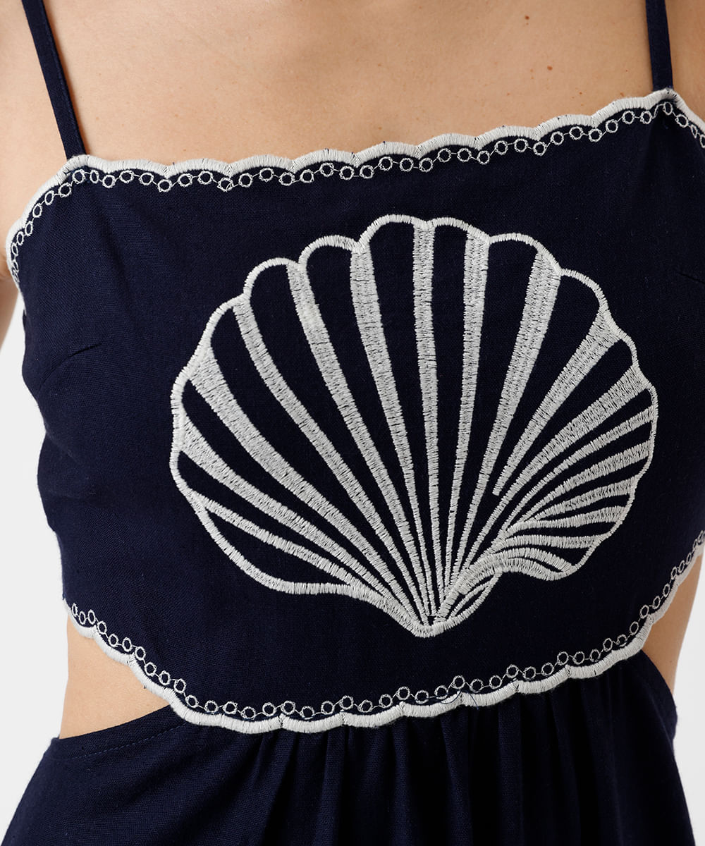vestido longo alça fina feminino com linho e recorte bordado azul