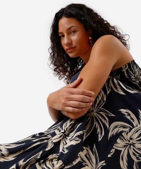vestido longo sem alça feminino de viscose com recorte folhagens azul