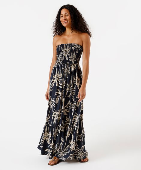 vestido longo sem alça feminino de viscose com recorte folhagens azul