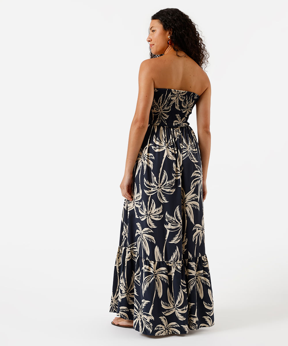 vestido longo sem alça feminino de viscose com recorte folhagens azul