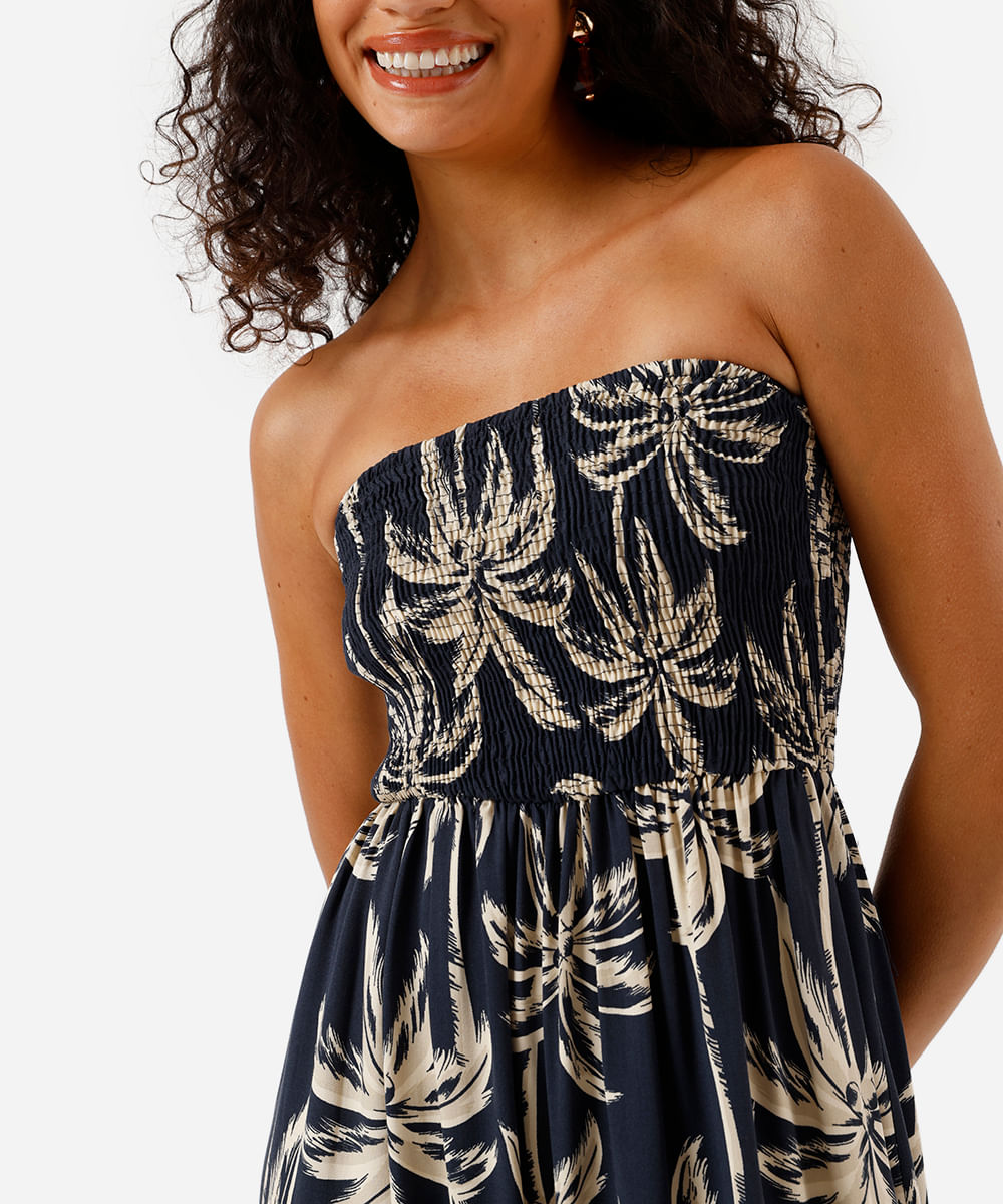 vestido longo sem alça feminino de viscose com recorte folhagens azul