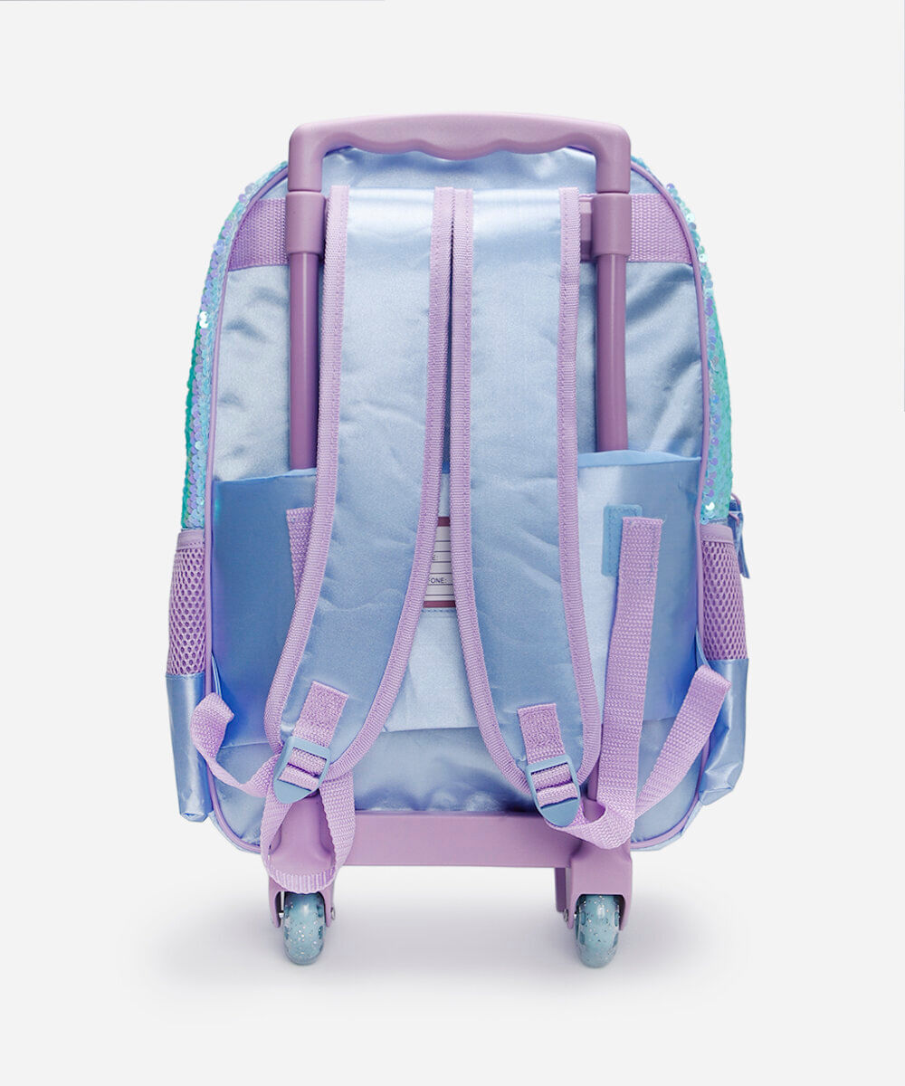 mochila infantil de rodinha com paetê stitch azul