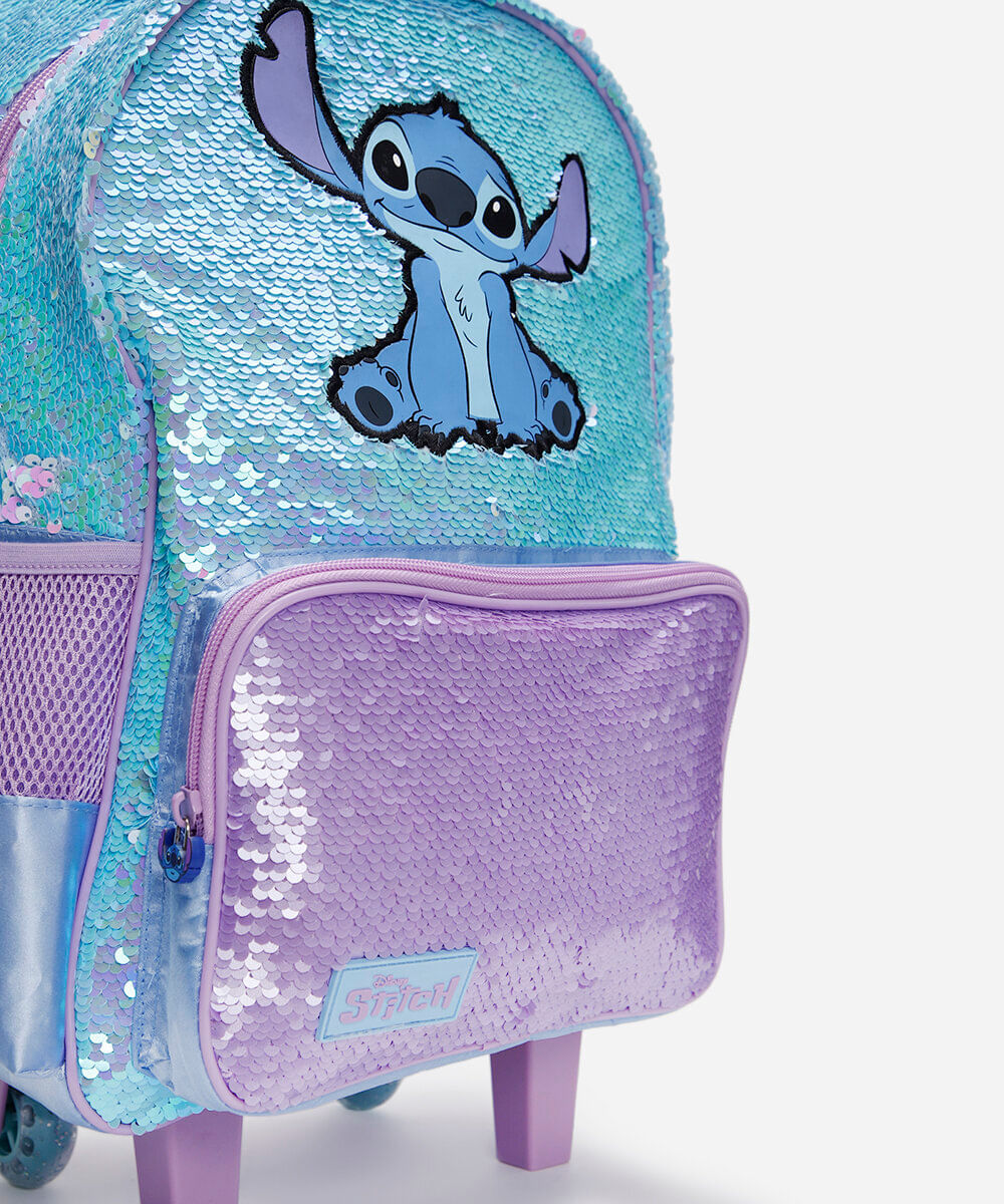 mochila infantil de rodinha com paetê stitch azul