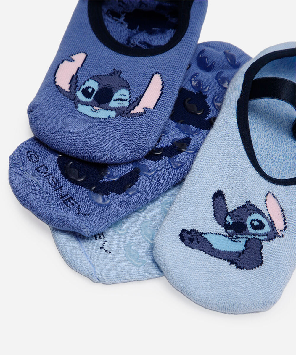 kit de 2 meias femininas sapatilha com antiderrapante stitch colorido