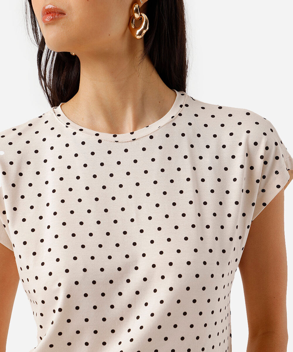 blusa feminina de viscose manga curta poá bege