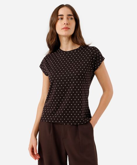 blusa feminina de viscose manga curta poá marrom