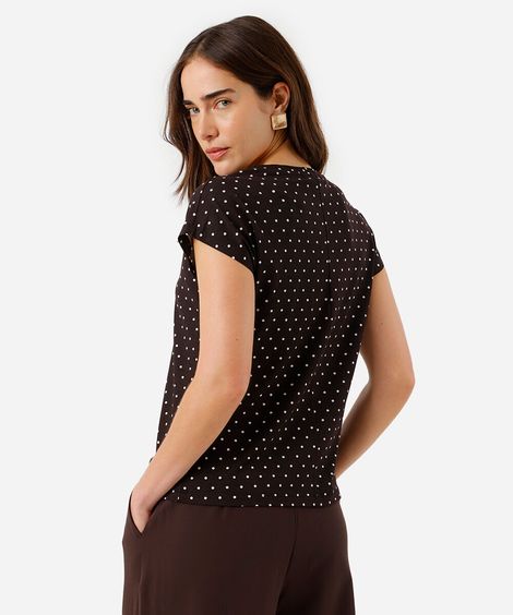 blusa feminina de viscose manga curta poá marrom