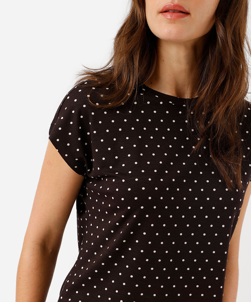 blusa feminina de viscose manga curta poá marrom