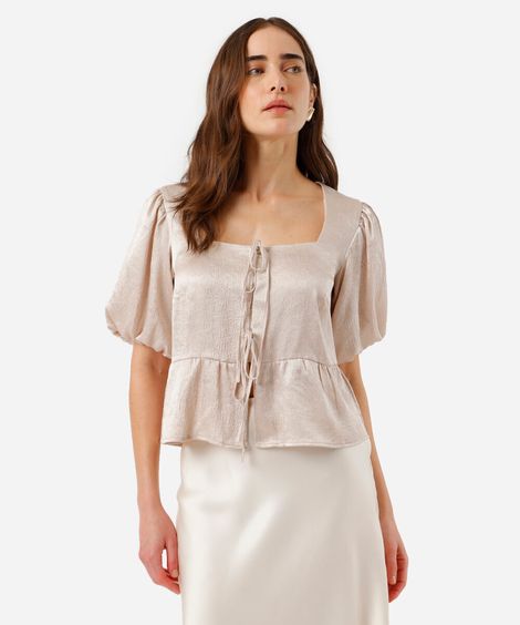 blusa peplum feminina manga bufante dourado