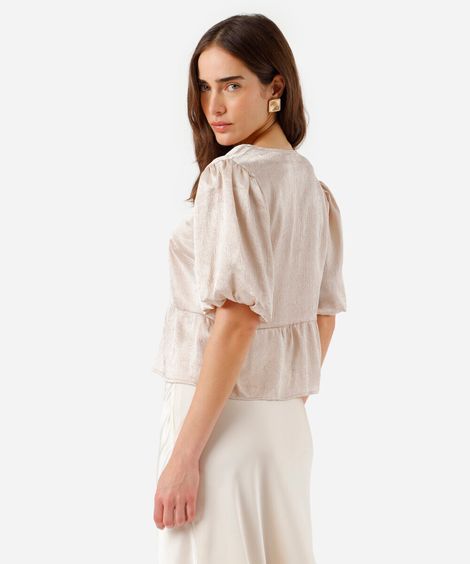 blusa peplum feminina manga bufante dourado