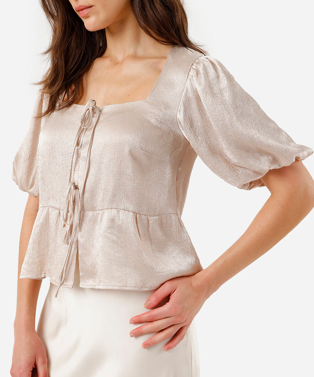 blusa peplum feminina manga bufante dourado