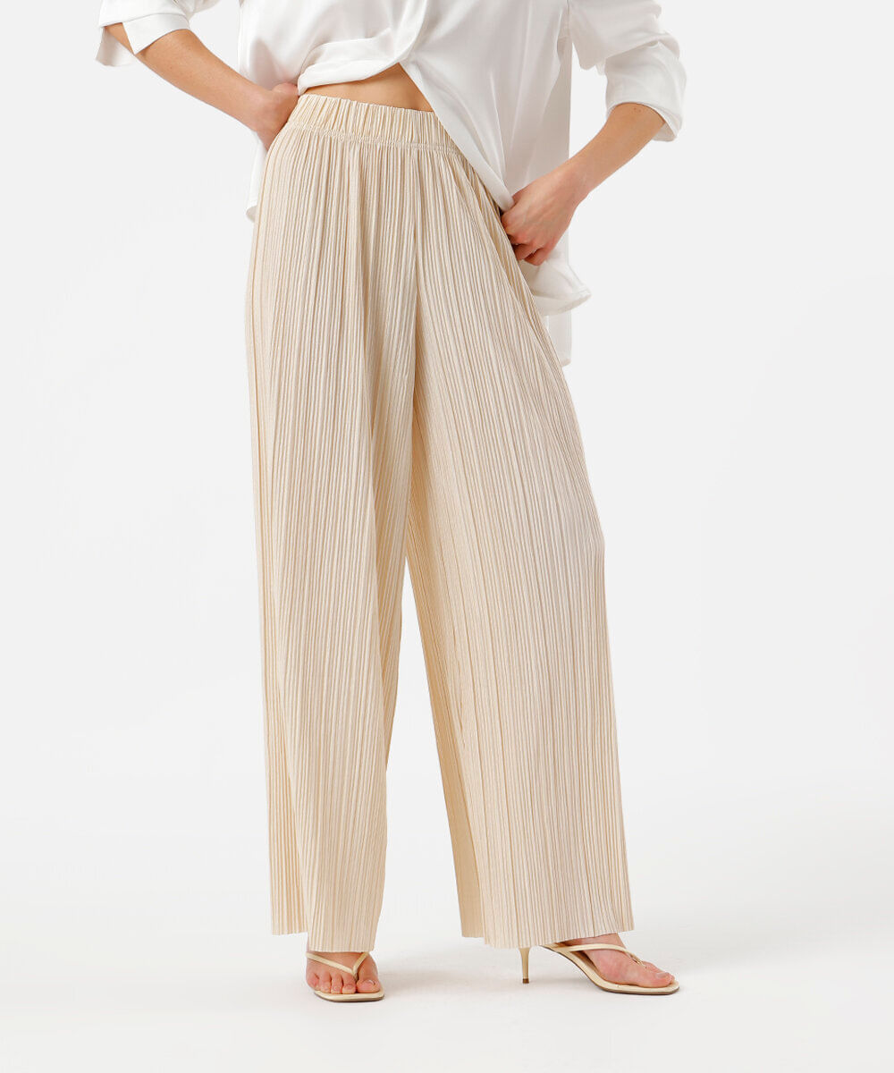 calça pantalona feminina plissada - bege claro