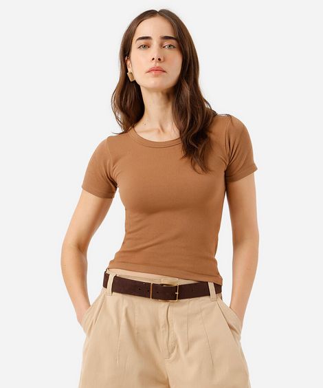 blusa baby look feminina de poliamida básica canelada marrom