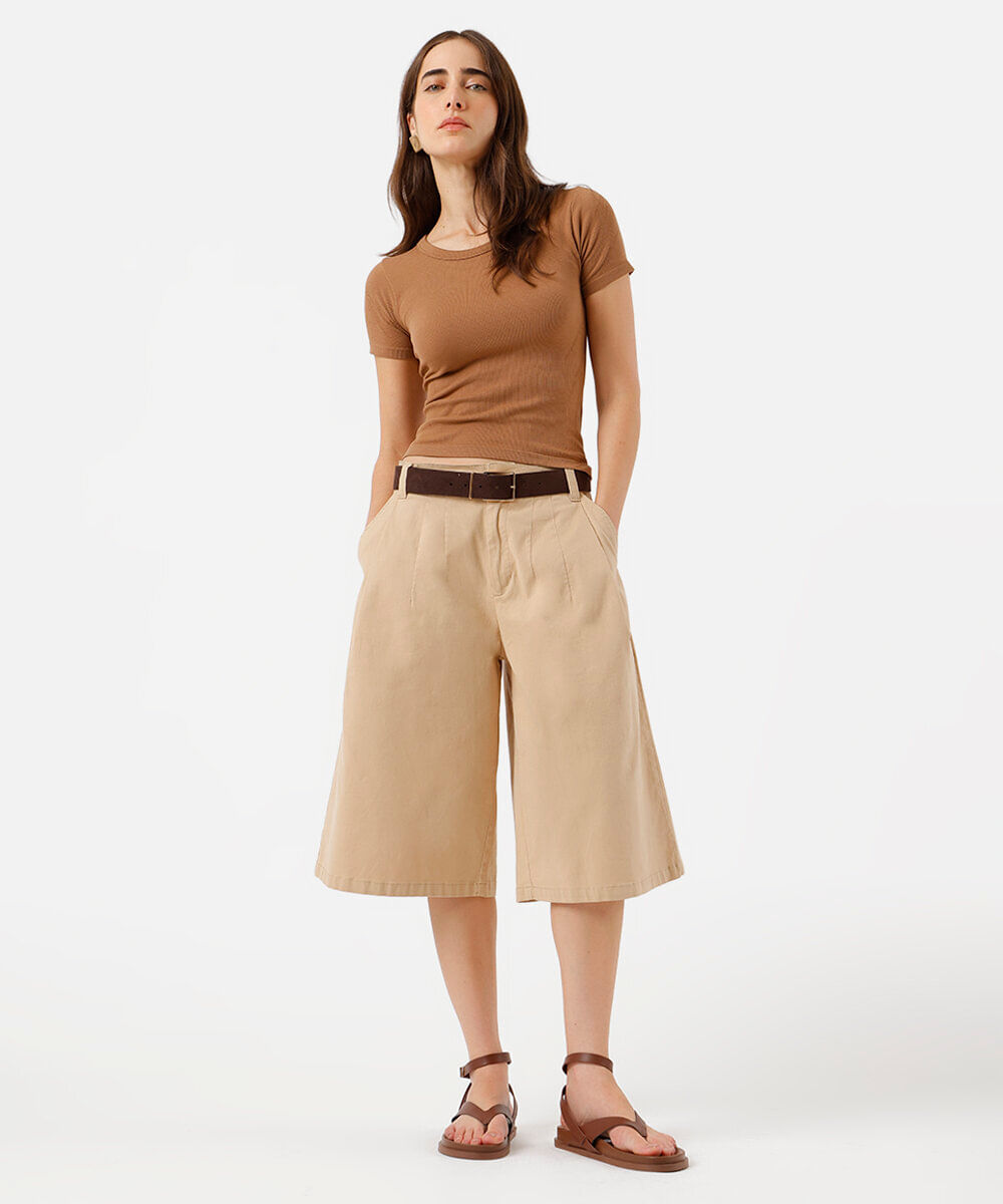 blusa baby look feminina de poliamida básica canelada marrom