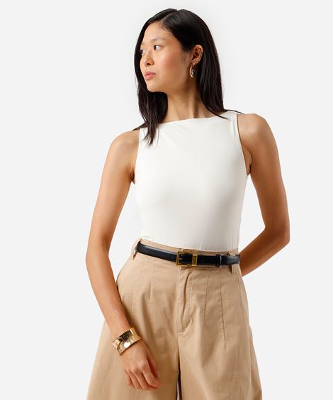 regata feminina de poliamida decote canoa off white