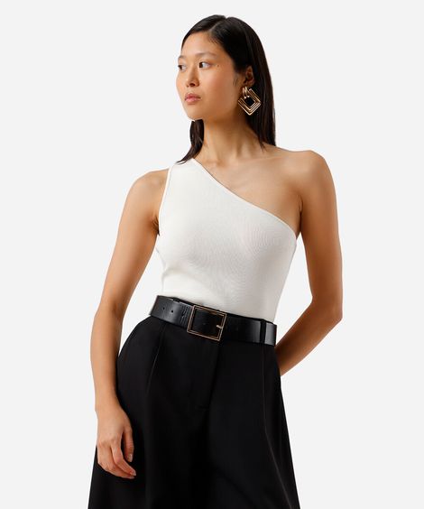 regata feminina de tricot ombro único canelada off white