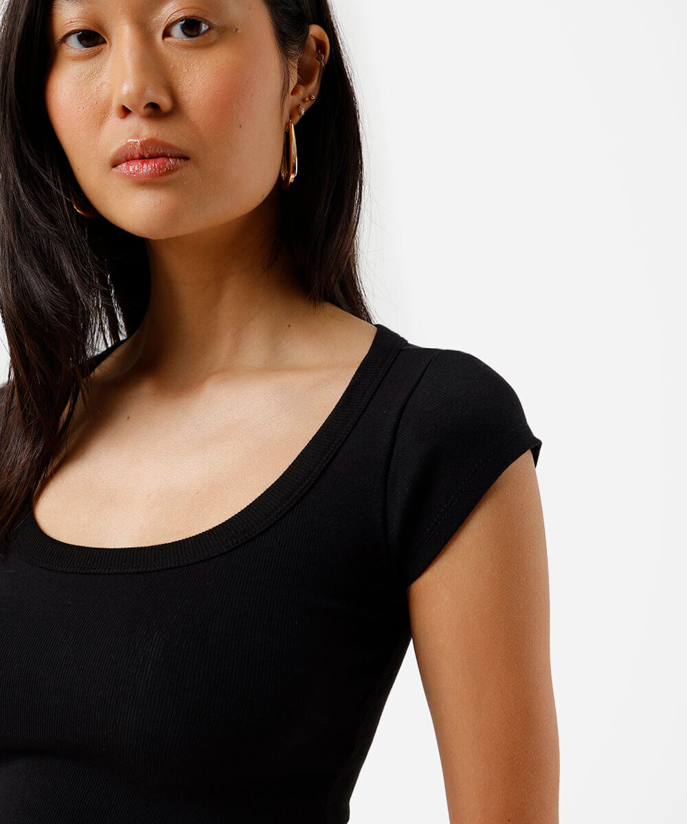 blusa baby look feminina de algodão canelada básica preta