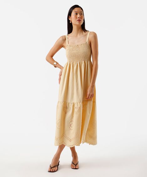 vestido midi alça fina feminino de algodão com recorte bordado amarelo