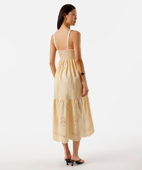 vestido midi alça fina feminino de algodão com recorte bordado amarelo