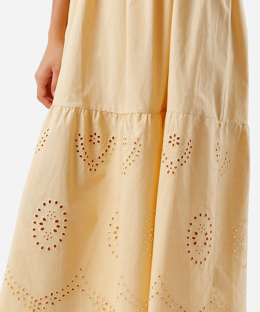 vestido midi alça fina feminino de algodão com recorte bordado amarelo