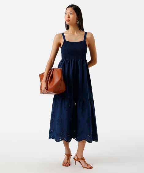 vestido midi alça fina feminino de algodão com recorte bordado  azul