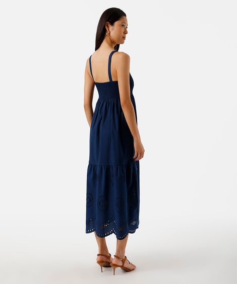 vestido midi alça fina feminino de algodão com recorte bordado  azul