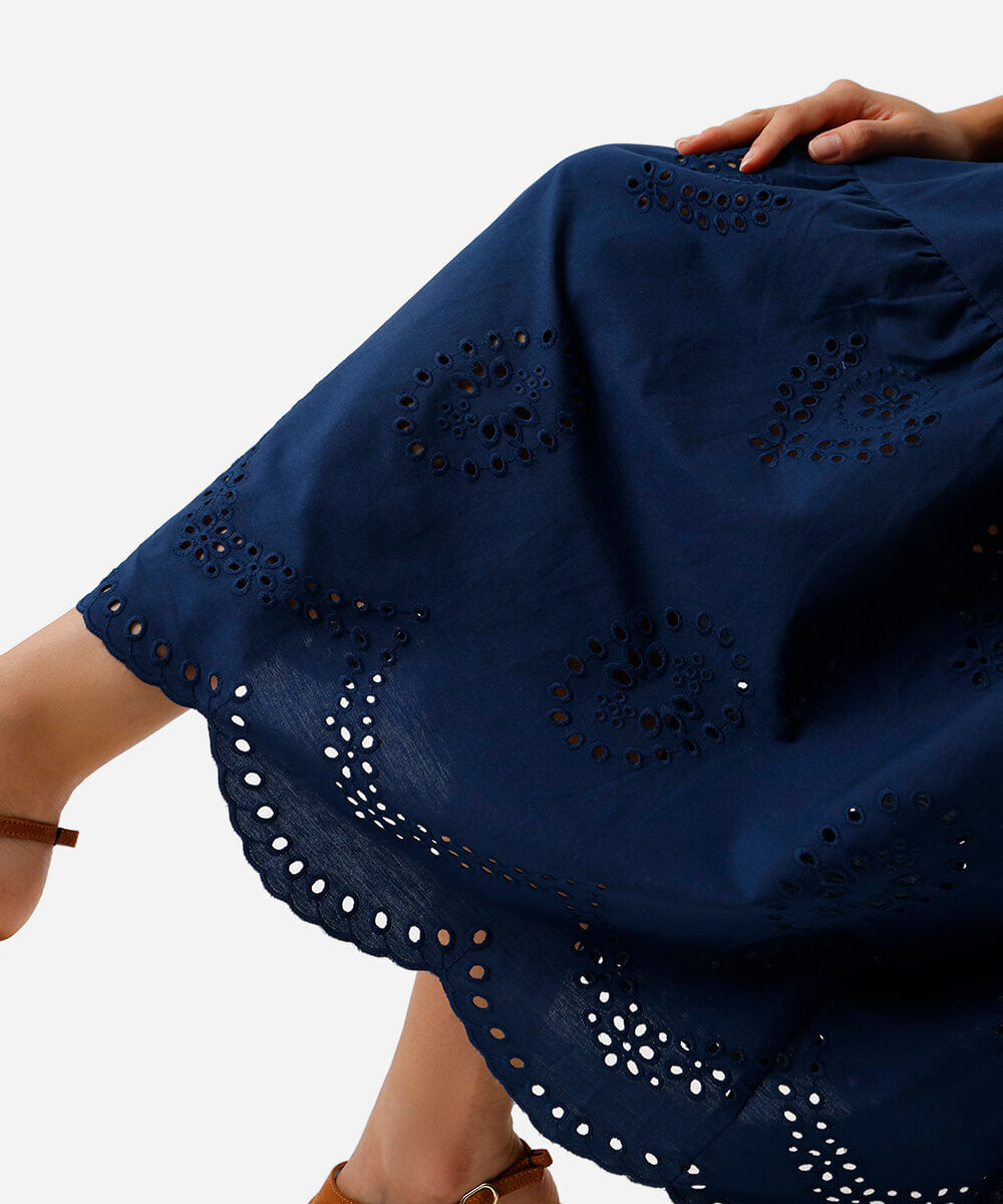 vestido midi alça fina feminino de algodão com recorte bordado  azul