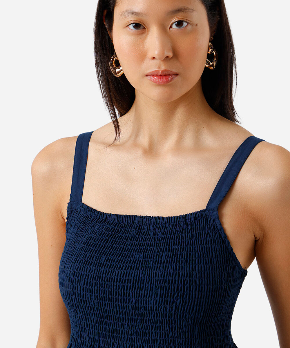 vestido midi alça fina feminino de algodão com recorte bordado  azul