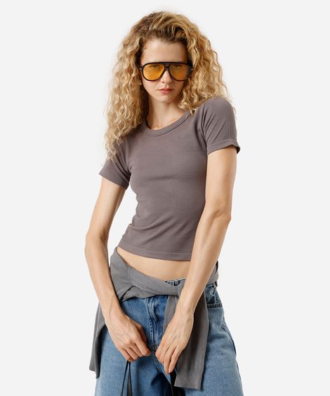 blusa baby look feminina de poliamida básica canelada cinza