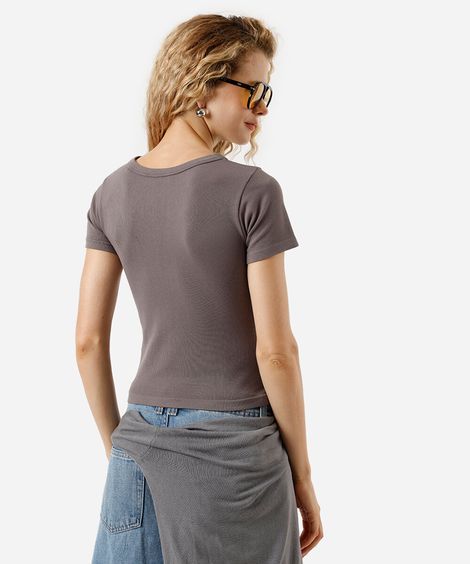 blusa baby look feminina de poliamida básica canelada cinza