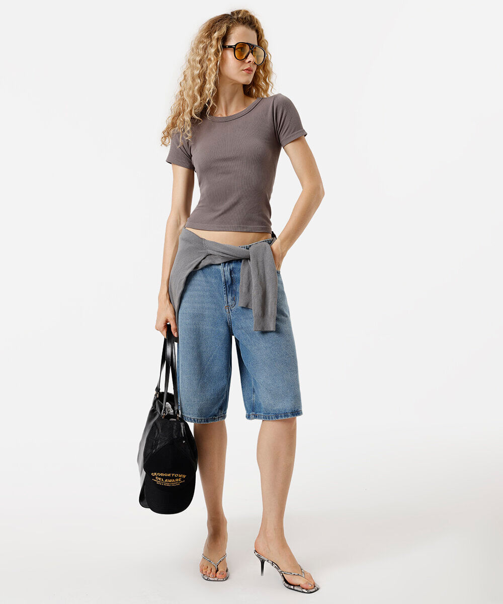 blusa baby look feminina de poliamida básica canelada cinza