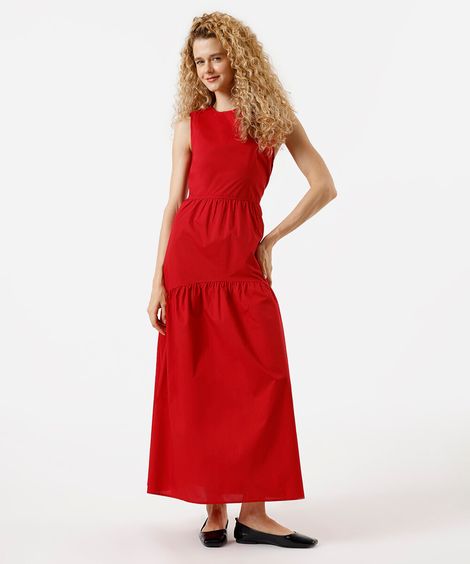 vestido longo feminino de algodão com recortes vermelho
