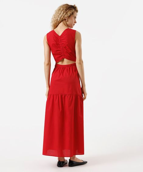 vestido longo feminino de algodão com recortes vermelho