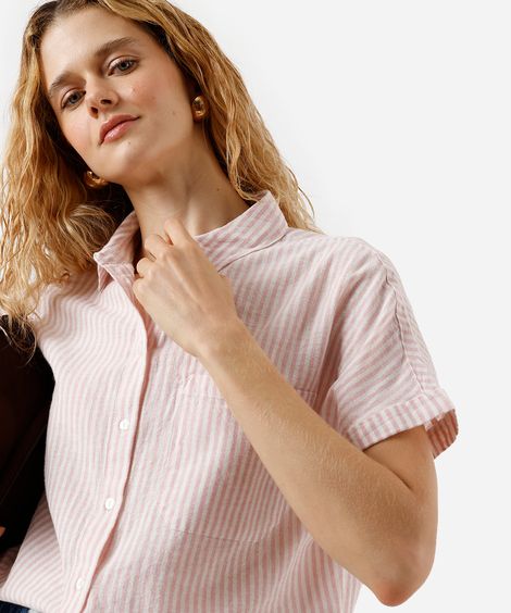 camisa feminina de algodão listrada manga curta com bolso rosa