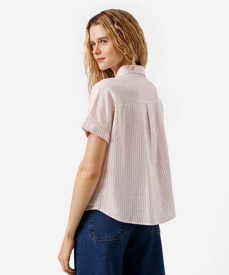 camisa feminina de algodão listrada manga curta com bolso rosa