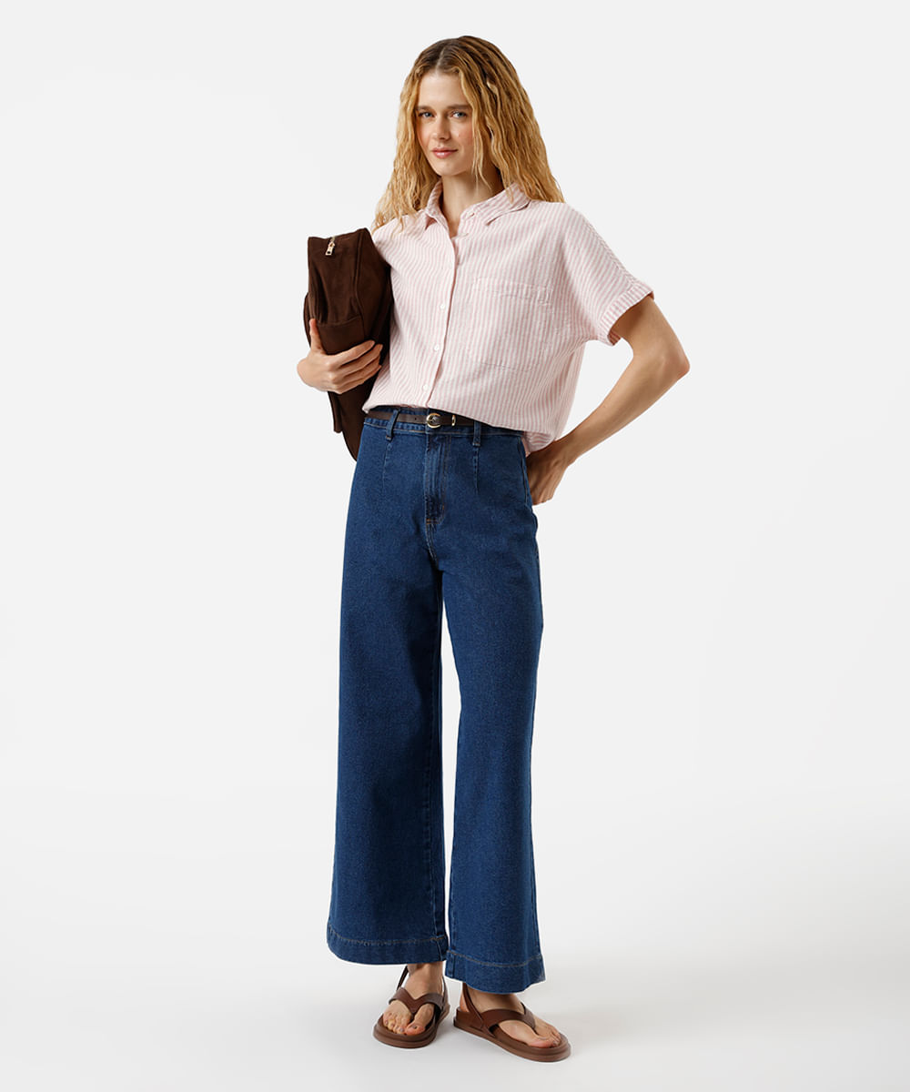 camisa feminina de algodão listrada manga curta com bolso rosa