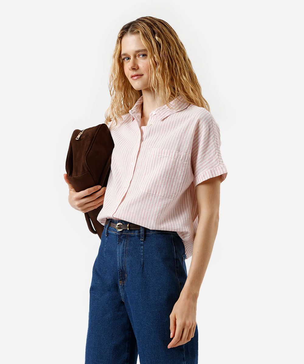camisa feminina de algodão listrada manga curta com bolso rosa